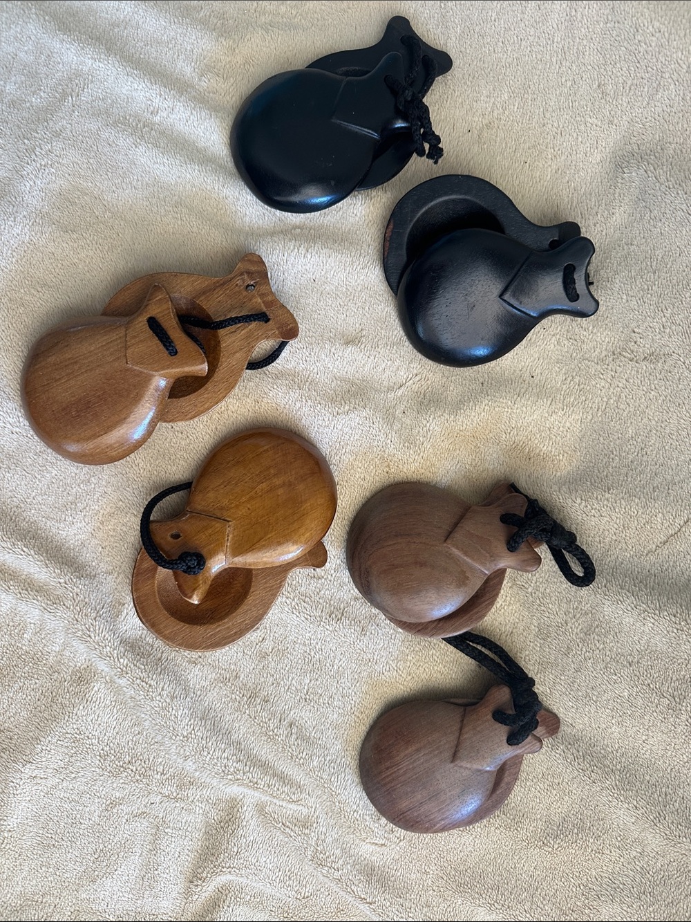 Wood and Black Castanets Set - Natural Brown & Black